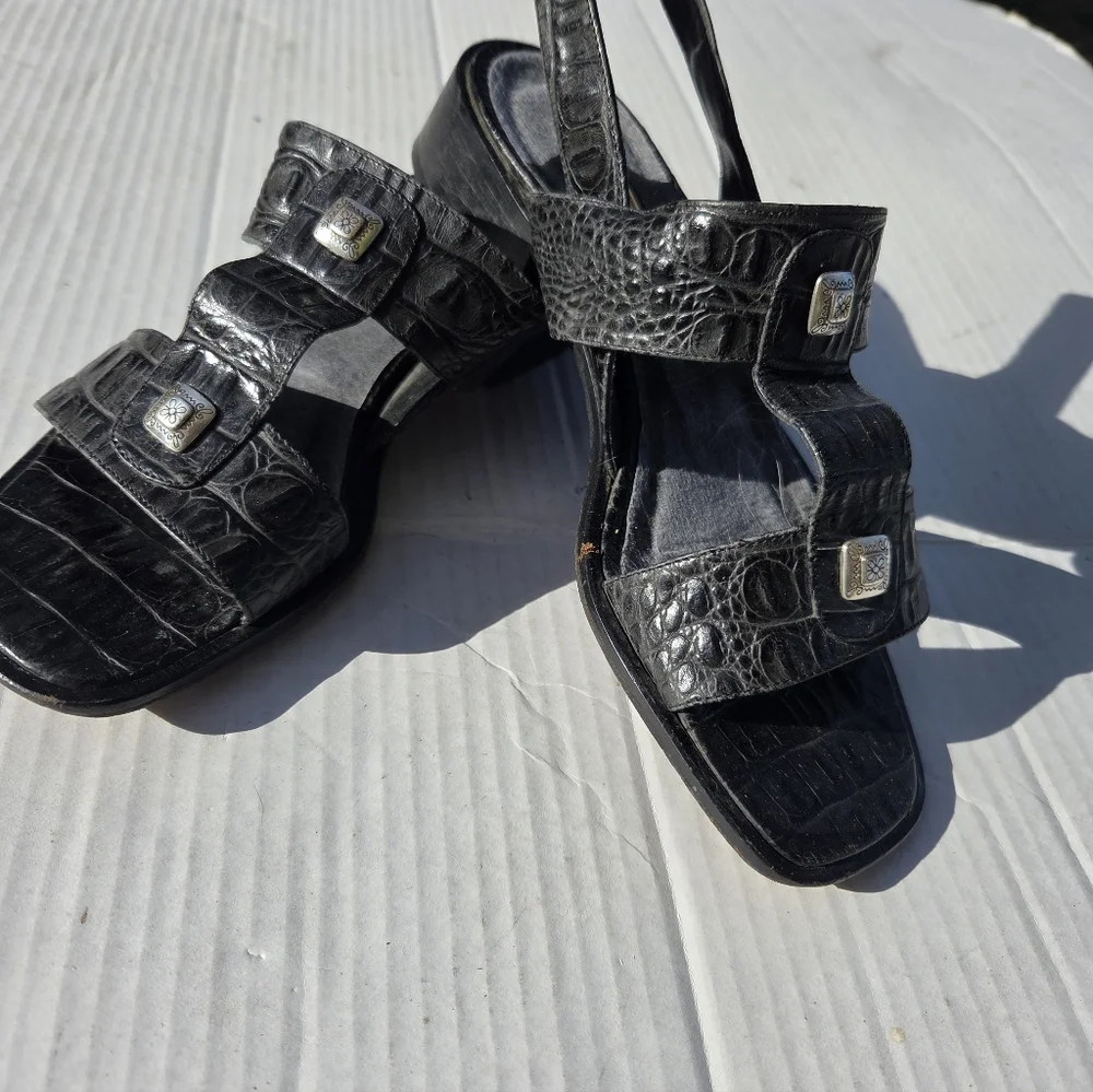 Brighton Y2K Black‎ Square Toe Sandals Leather 8.5M Croc Pattern